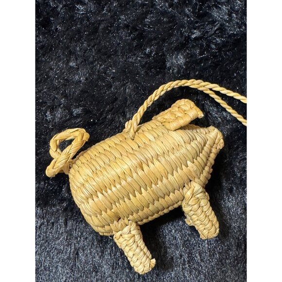Vintage Handwoven Straw Pig-Shaped Ornament With Braided Loop For Hanging - Picture 2 of 9